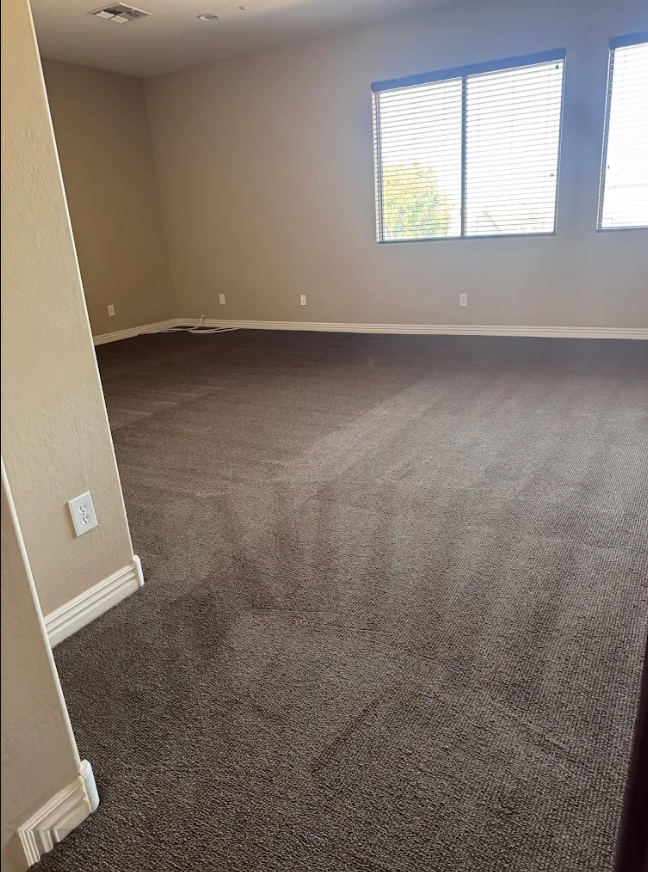 Freshly steam cleaned grey carpet in an empty bedroom with visible vacuum lines