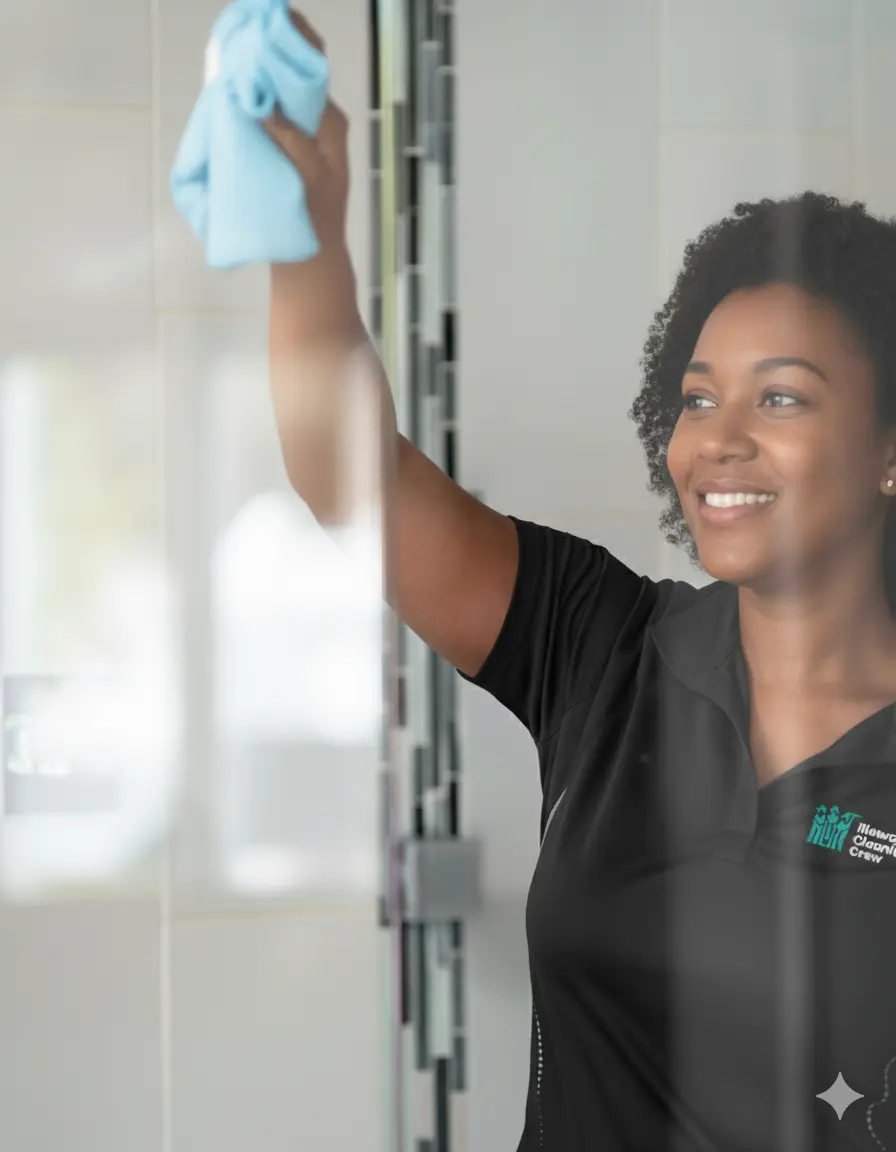 Professional window and glass cleaning service - Illawarra Cleaning Crew team member cleaning windows with microfiber cloth
